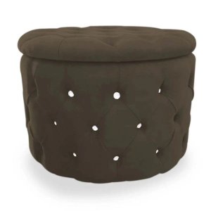 Puff Decorativo Sala Recepção Escritório Baú Capitone com Strass Suede Marrom