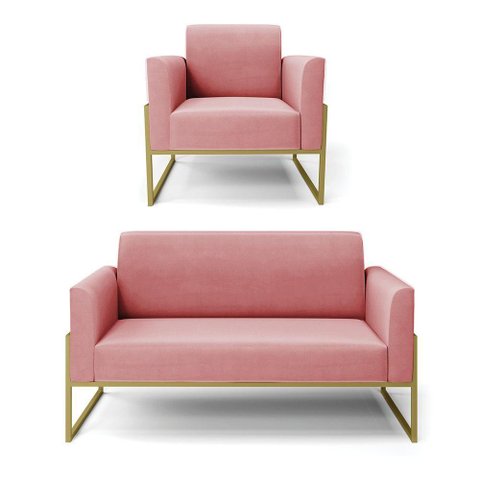 Sofá Namoradeira com Poltrona Base Industrial Alta Dourado Marisa Suede D03 - D\'rossi Cor Rose
