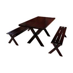 Conjunto Mesa 1,6m e 2 Bancos Sem Encosto Madeira Maciça Eucalipto Escuro - 2