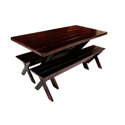 Conjunto Mesa 1,6m e 2 Bancos Sem Encosto Madeira Maciça Eucalipto Escuro - 3