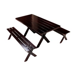 Conjunto Mesa 1,6m e 2 Bancos Sem Encosto Madeira Maciça Eucalipto Escuro - 1