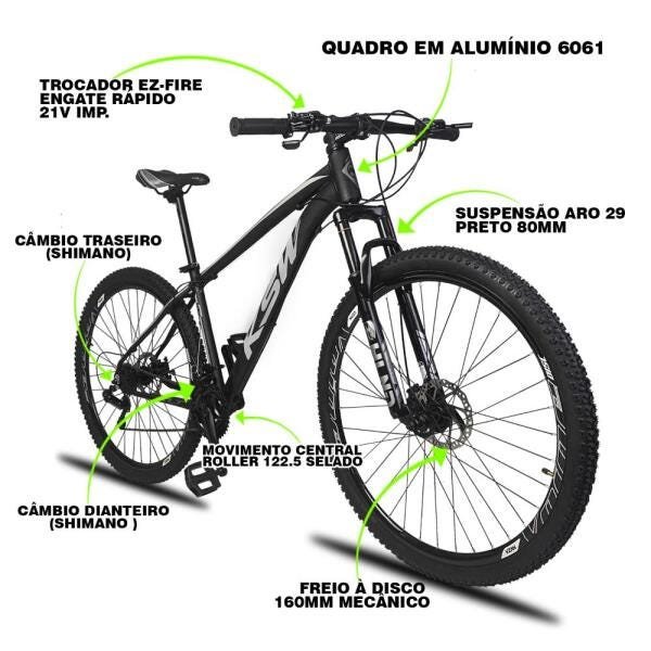 Bicicleta Aro 29 KSW Xlt 21V Câmbios Shimano Freio a Disco Mecânico Preto e Prata 17 - 5