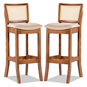 Kit 2 Banquetas Alta Portugal com Encosto Rattan Estofada Linho Bege M58 RMI