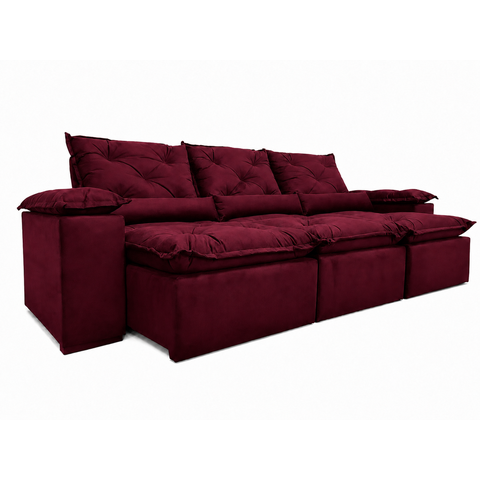 Sofá Retrátil e Reclinável 2,75m em Tecido Veludo c/ Pillow Nos Braços - Montagem Inclusa:Vinho