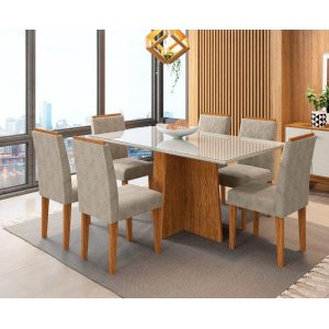 Conjunto Sala de Jantar Mesa Ana 1,60m Tampo com Vidro e 6 Cadeiras Amanda - New Ceval - Ypê / Offwh