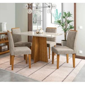 Conjunto Sala de Jantar Mesa Ana 1,20m Tampo com Vidro e 4 Cadeiras Amanda - New Ceval - Ypê / Offwh