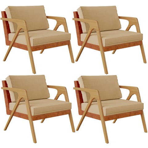 Kit 04 Poltronas Decorativas Sala Estar Pietra L02 Couríssimo Camel Linho Bege Escuro - Lyam Decor