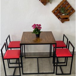 Conjunto Mesa 4 Cadeiras Pequena Estofado Vermelho Industrial Wood Box - 3