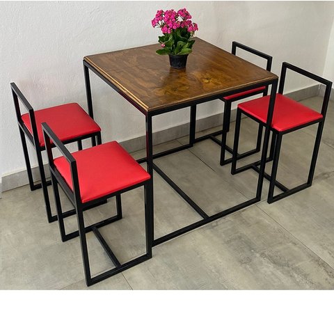 Conjunto Mesa 4 Cadeiras Pequena Estofado Vermelho Industrial Wood Box