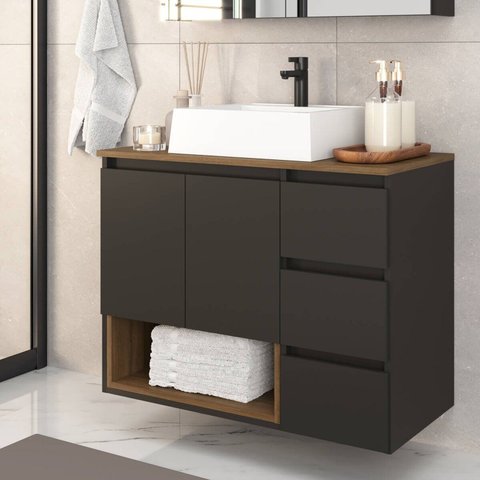 Gabinete Banheiro Suspenso 80cm com 02 Portas 03 Gavetas e Nicho com Cuba Vitória