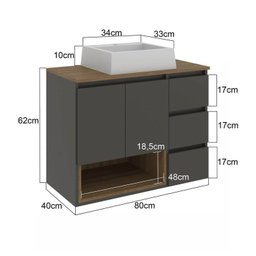 Gabinete Banheiro Suspenso 80cm com 02 Portas 03 Gavetas e Nicho com Cuba Vitória - 4