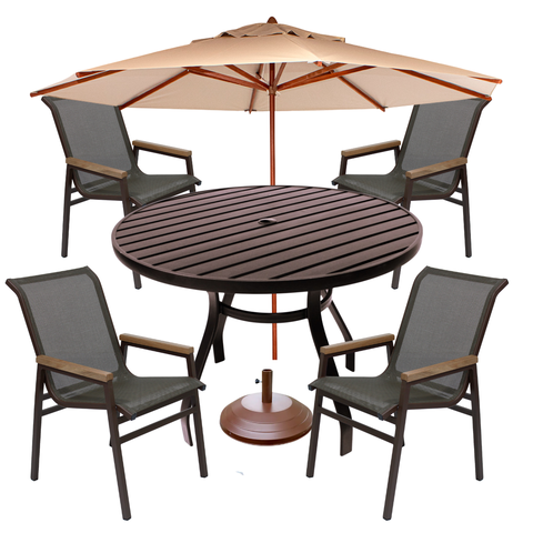 Kit 4 Cadeiras Alumínio + 1 Mesa Ripada Ø1,20m + Guarda Sol Área Piscina Jardim