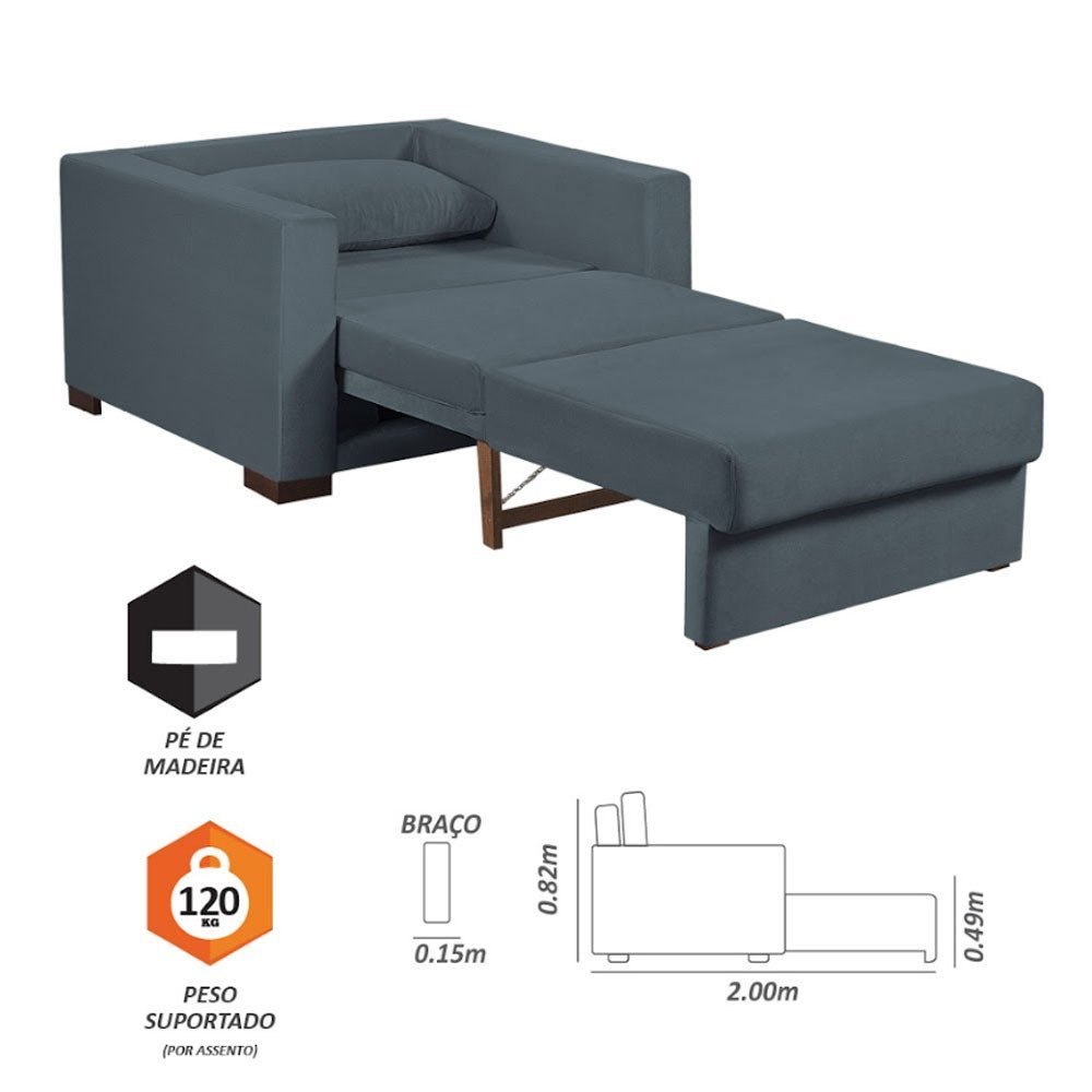 Sofa Cama Solteiro Sofia 1 Lugar 110cm com Pés de Madeira Talento Móveis - 4