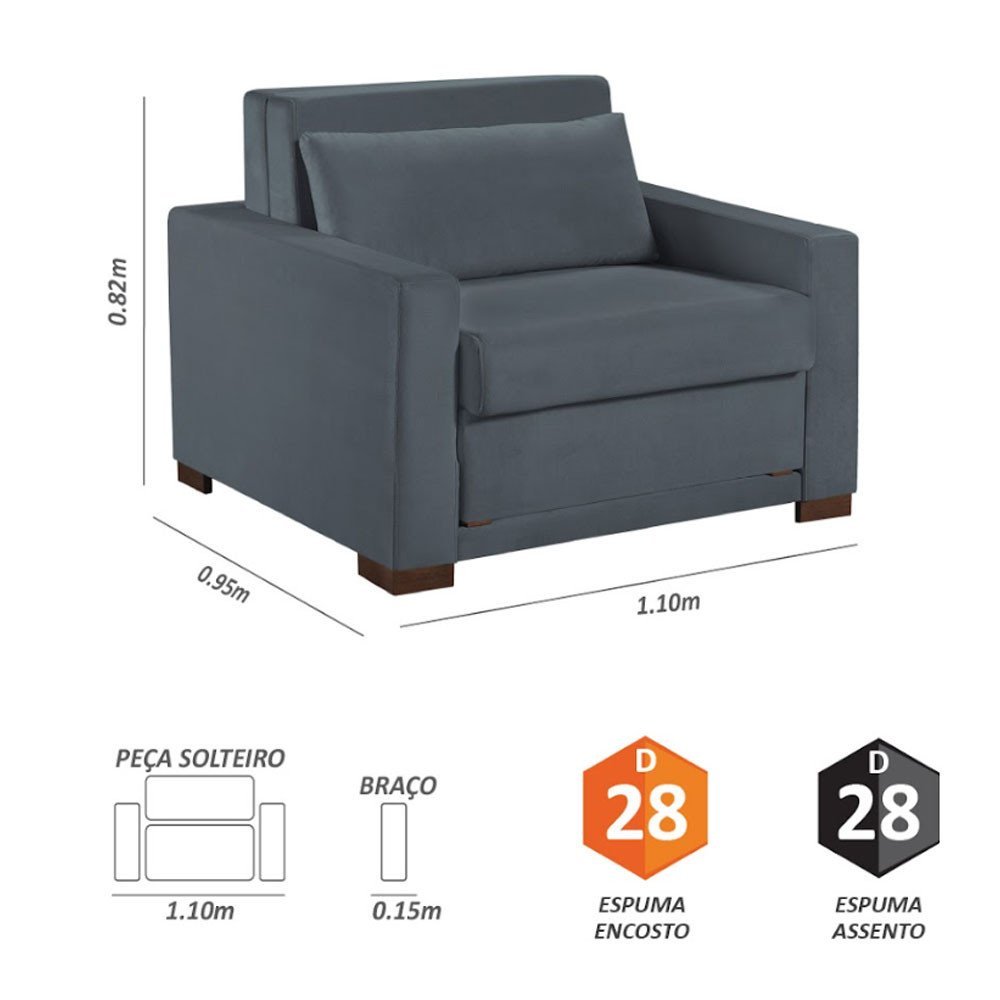 Sofa Cama Solteiro Sofia 1 Lugar 110cm com Pés de Madeira Talento Móveis - 5