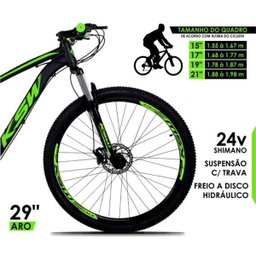 Bicicleta Aro 29 KSW 24V Câmbio Shimano Acera Freio a Disco Hidráulico Susp com Trava Pto e Verde - 4