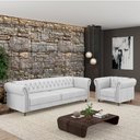 Ver imagem 1 de Conjunto Sala de Estar 1 Sofá Living 180cm e 2 Poltronas Stanford Chesterfield Pés Madeira Couro Bra