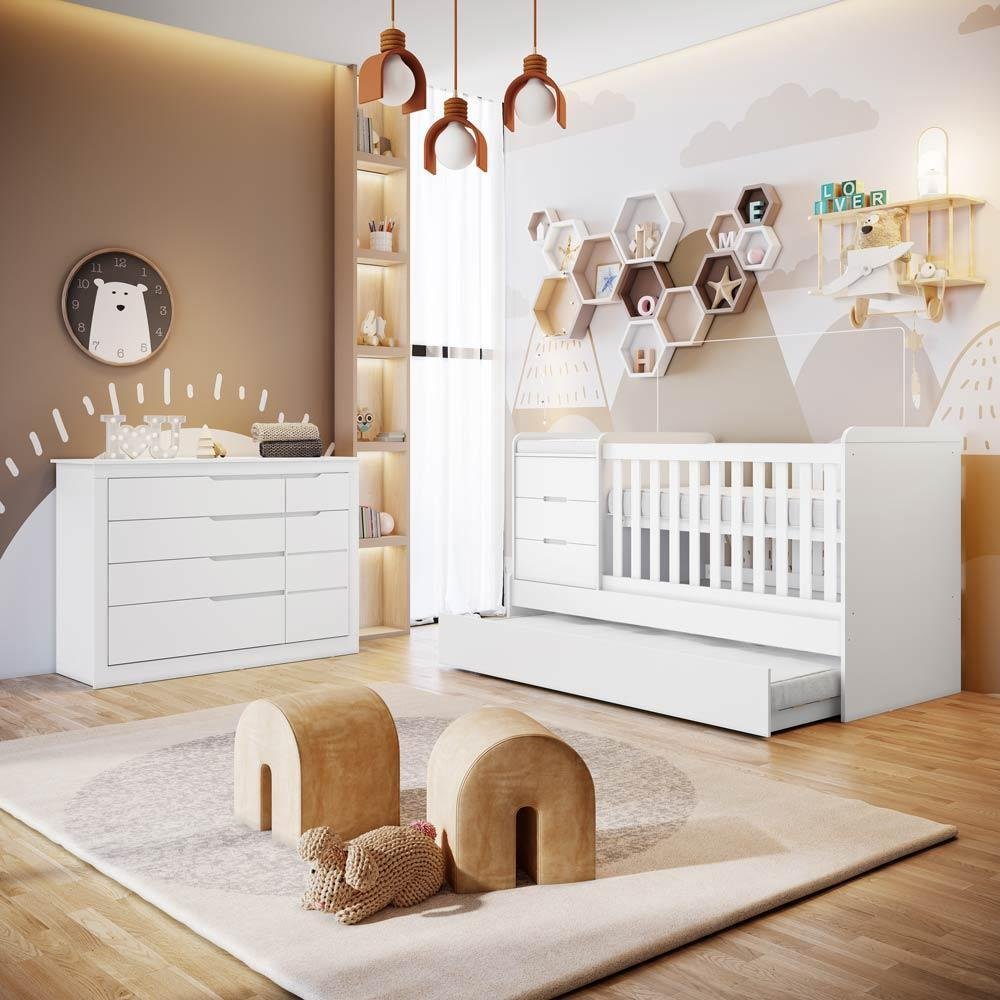 Quarto de Bebê Cléo Berço Multifuncional Americano Cômoda Infantil 5 Gavetas com Porta Branco