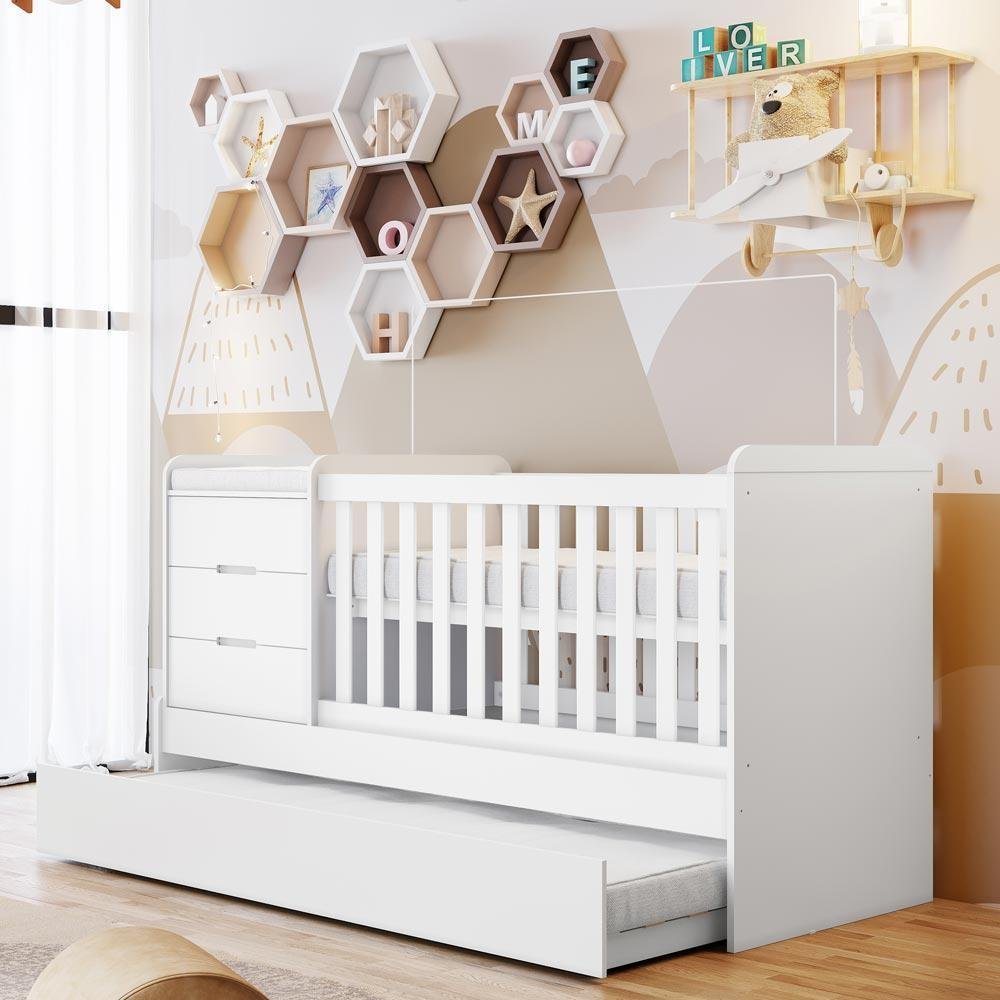 Quarto de Bebê Cléo Berço Multifuncional Americano Cômoda Infantil 5 Gavetas com Porta Branco - 2