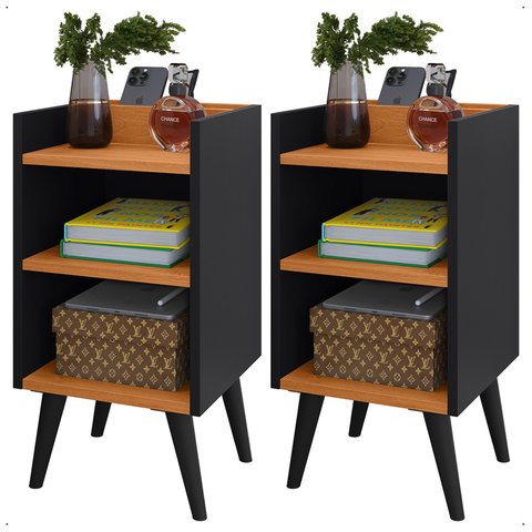 Conjunto de Mesas de Cabeceira Criado Quarto Lateral Cama Preto