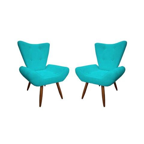Kit 2 Poltronas Decorativa Emilia Suede Azul Tifany Pés Madeira Mz Decor