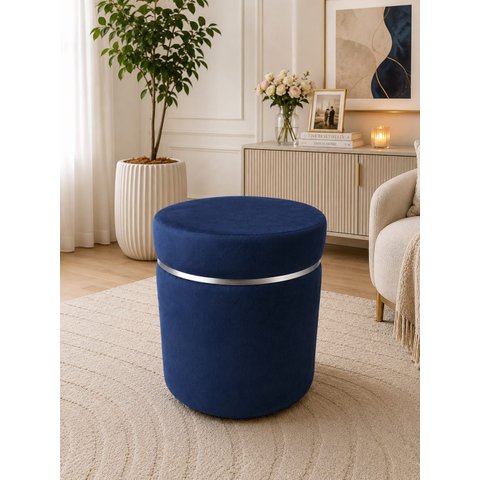 Puff Superior com Cinta Prata Azul Veludo - Let Móveis