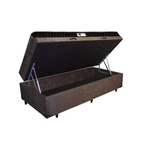 Cama Box Baú Solteiro Colchão Espuma D45 Bordado + Box Suede Marrom Rc Sono Leve 63x88x188