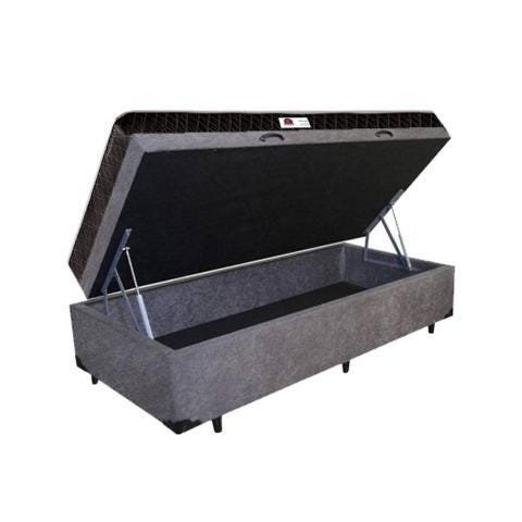 Cama Box Baú Solteiro Colchão Espuma D45 Bordado + Box Suede Cinza Rc Sono Leve 63x88x188