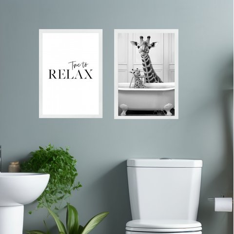 Kit 2 Quadros Banheiro Girafas - Time To Relax 45x34cm:moldura Branca