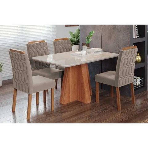 Conjunto: Mesa Sala Jantar Maitê Tampo Madeirado C/ Vidro 130x80cm e 4 Cadeiras Paola Cinamomo/off