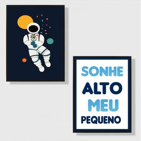 Kit 2 Quadros Quarto Criança Astronauta 24x18cm - com vidro:Madeira branca