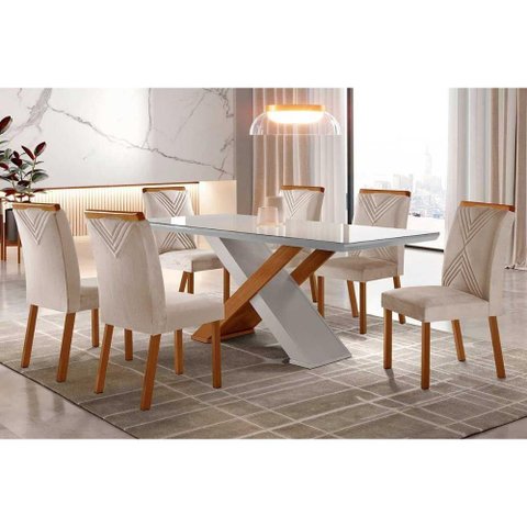 Sala de Jantar Completa Imperatriz Tampo Madeirado C/ Vidro Reto 180x90 e 6 Cadeiras Amsterdã