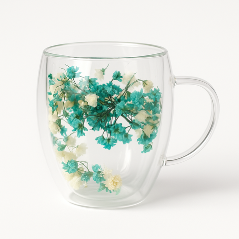 Caneca Xícara 350ml Chá Café Parede Dupla de Vidro com Flores Primavera Decorativas Presente:turques