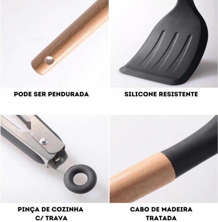 Kit 12 Utensílios de Cozinha em Silicone e Cabo de Madeira Resistente Ao Calor - Cinza - 7