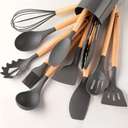 Ver imagem 2 de Kit 12 Utensílios de Cozinha em Silicone e Cabo de Madeira Resistente Ao Calor - Cinza