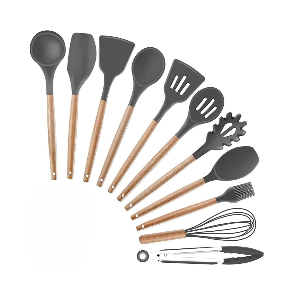 Kit 12 Utensílios de Cozinha em Silicone e Cabo de Madeira Resistente Ao Calor - Cinza - 3