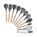 Ver imagem 3 de Kit 12 Utensílios de Cozinha em Silicone e Cabo de Madeira Resistente Ao Calor - Cinza