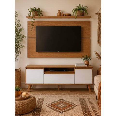 Rack para TV com Painel e Prateleira 150cm Retro MDF Freijó Dallas - On Móveis