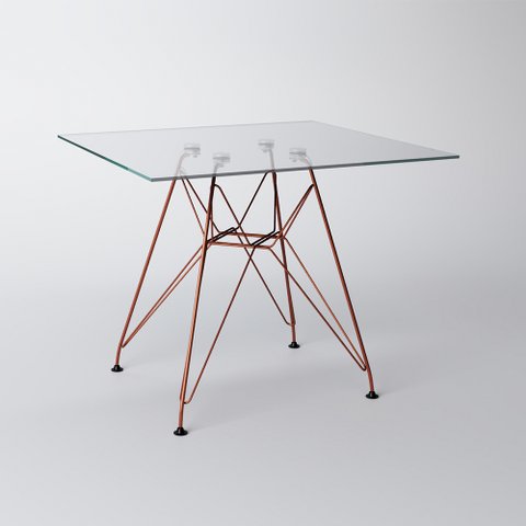 Mesa Eiffel Quadrada 90cm Tampo de Vidro com Base de Ferro Cobre