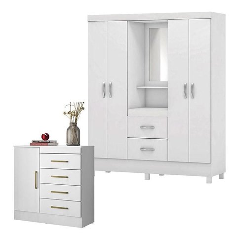 Cômoda Montevidéu e Guarda Roupa Casal Lord Branco Flex - Demóbile