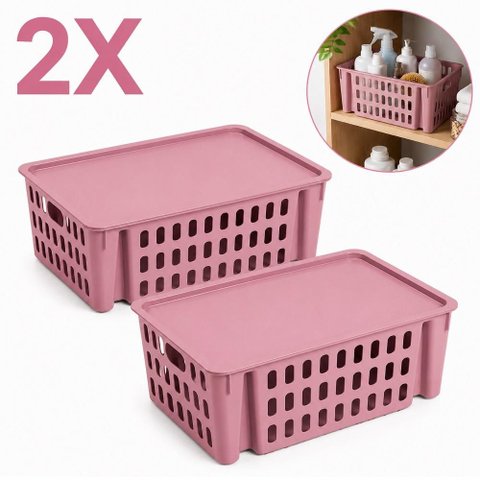 Kit 2 Cestos Organizadores Rosa 7,4L Empilhaveis com Tampa Porta Alimentos Armario Prateleira Guarda
