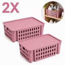 Ver imagem 1 de Kit 2 Cestos Organizadores Rosa 7,4L Empilhaveis com Tampa Porta Alimentos Armario Prateleira Guarda