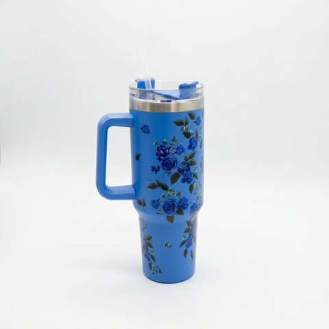 Copo Térmico Ms-931 1200ml com Estampas Florais - Aço Inox com Tampa Emborrachada:Floral Azul