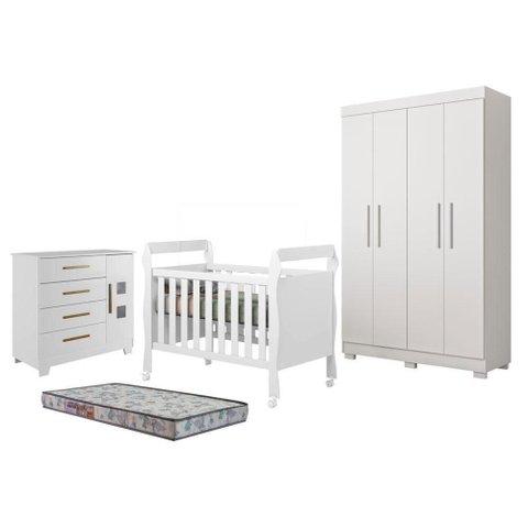 Kit Quarto de Bebê Guarda Roupa Florida com Cômoda Fly e Berço Soninho com Colchão Sleep 4P 3g