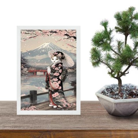 Quadro Arte Oriental - Gata com Kimono 33x24cm - com Vidro:moldura Branca
