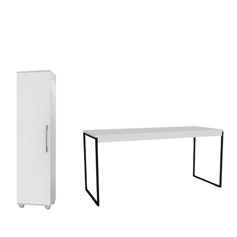Kit Escritório Mesa Pé de Ferro Mdp Industrial 1,20cm + Armário Multiuso Sofia Organizador Prateleir