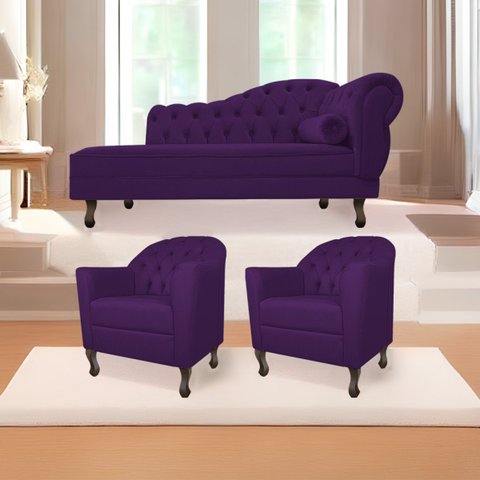 Kit Diva Recamier Diana 185cm Lado Esquerdo e 02 Poltronas Julia Suede - Doce Sonho Móveis RECAMIER 