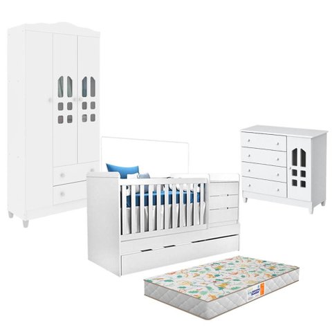Quarto de Bebê Selena 3 Portas com Berço Americano Multifuncional Cleo Branco com Colchão Gazin - Ca