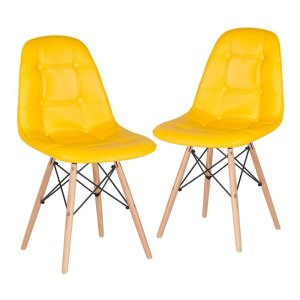 Kit 2 Cadeiras Eames Eiffel Botonê - Amarelo - Base de Madeira Clara