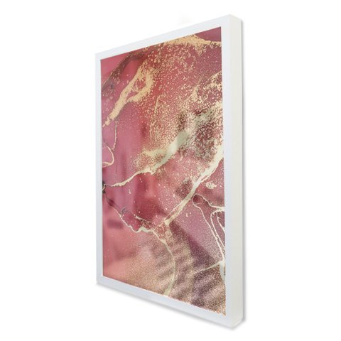 Quadro Decorativo Caixa Alta com Vidro Abstrato Mármore Rosa Perolado TaColado Moldura Branca 120 x 