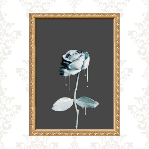 Quadro Moldura Dourada Flor Tinta Azul 33x24cm:com Vidro